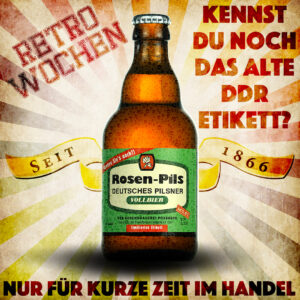 Das Bild zeigt eine Flasche der berühmten Pils der Rosenbrauerei Pößneck in der Retro Flasche mit dem Etikett aus DDR Zeiten.