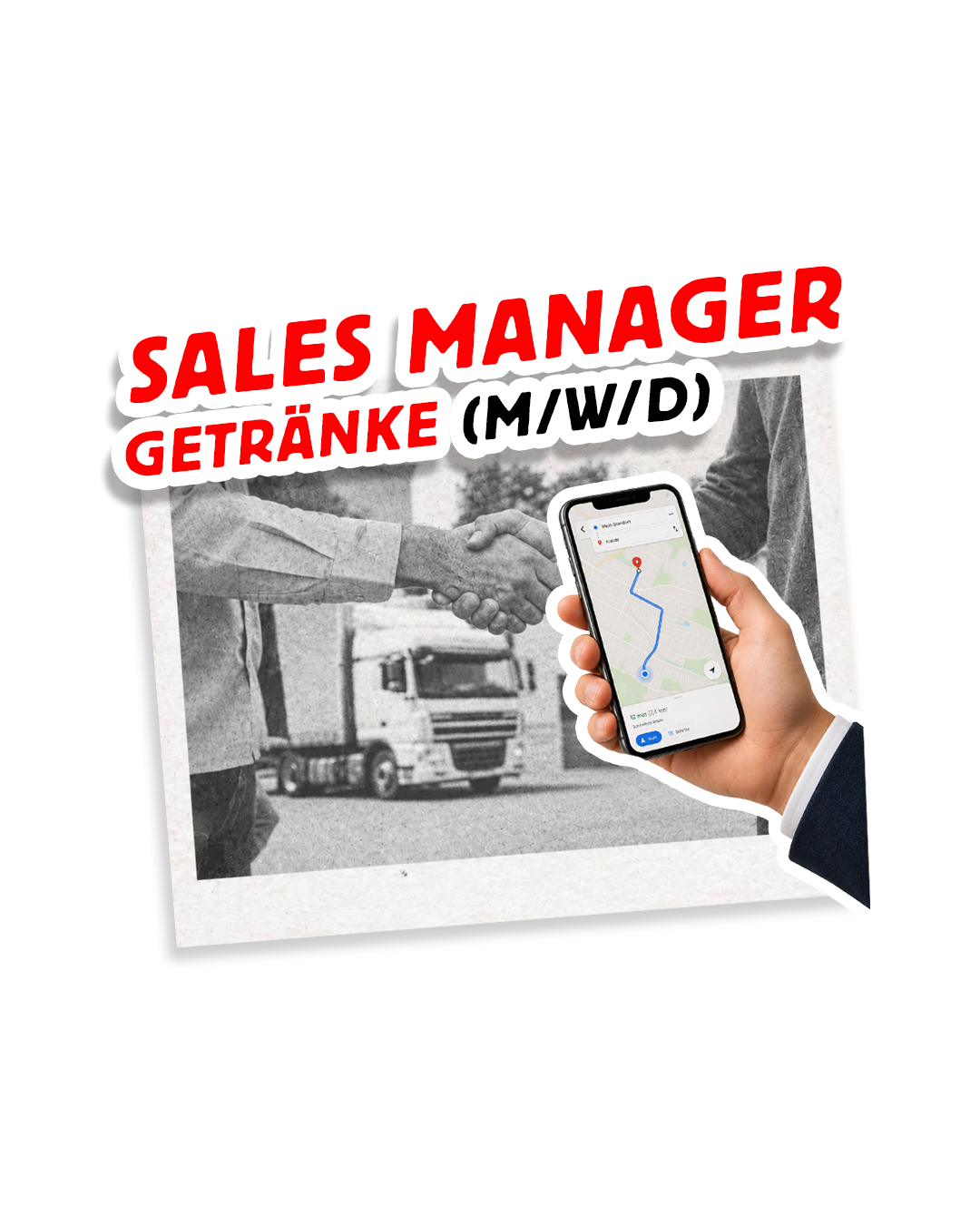 SALES-MANAGER-HANDY Das bild zeigt eine Hand die ein Mobiltelefon hält auf der eine Route abgebildet ist.
